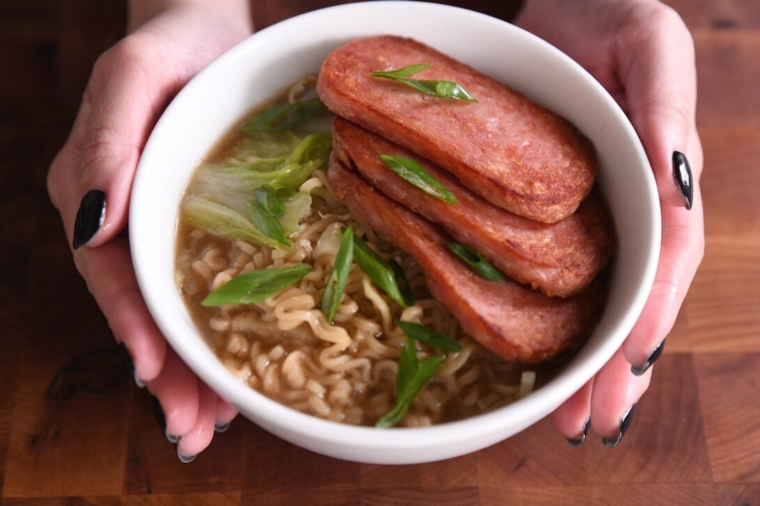 pan seared spam in a bowl of ramen