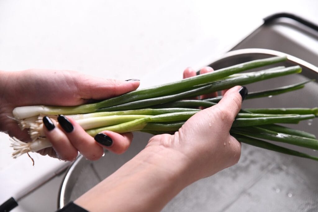 hands holding green onions in sink