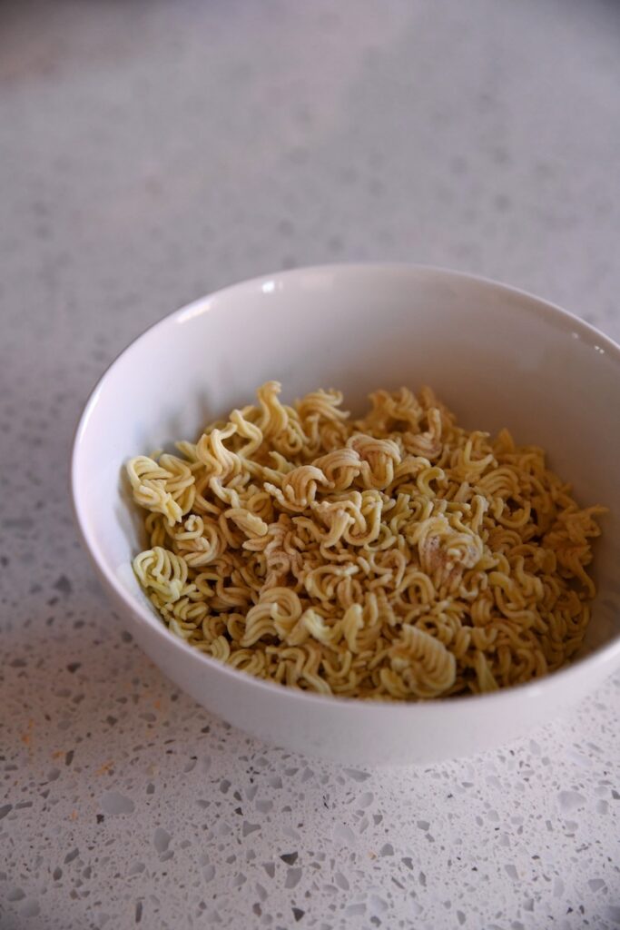 Crushed noodles in a bowl