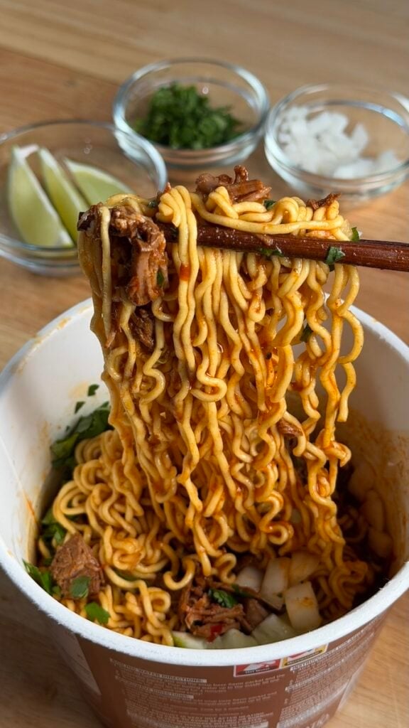 beef birria ramen noodle pull