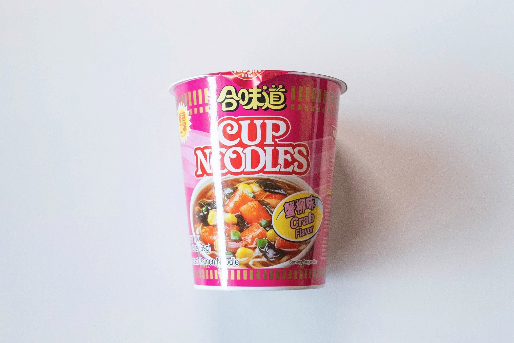 Nissin Cup Noodles Crab Flavor (Hong Kong) package on a white background