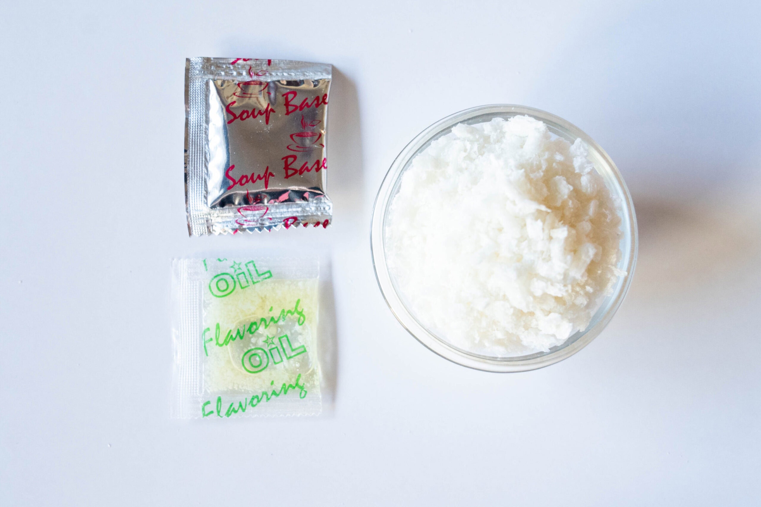 Soup base packet, Flavoring oil packet, and uncooked rice