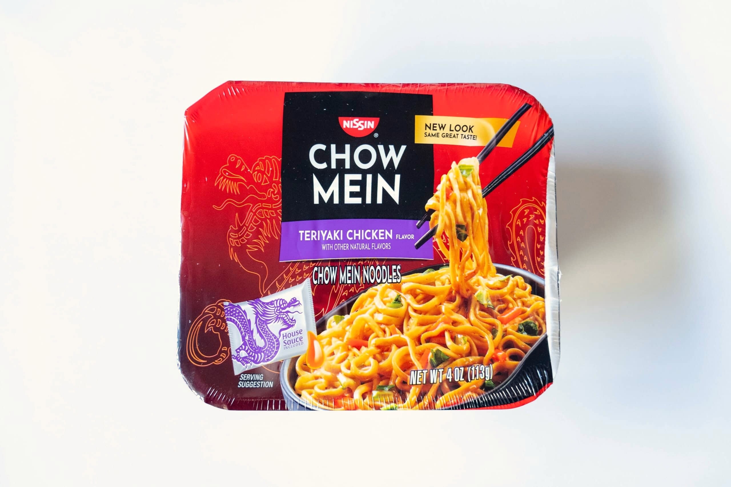 Nissin Chow Mein Teriyaki Chicken Noodles tray package on a white background