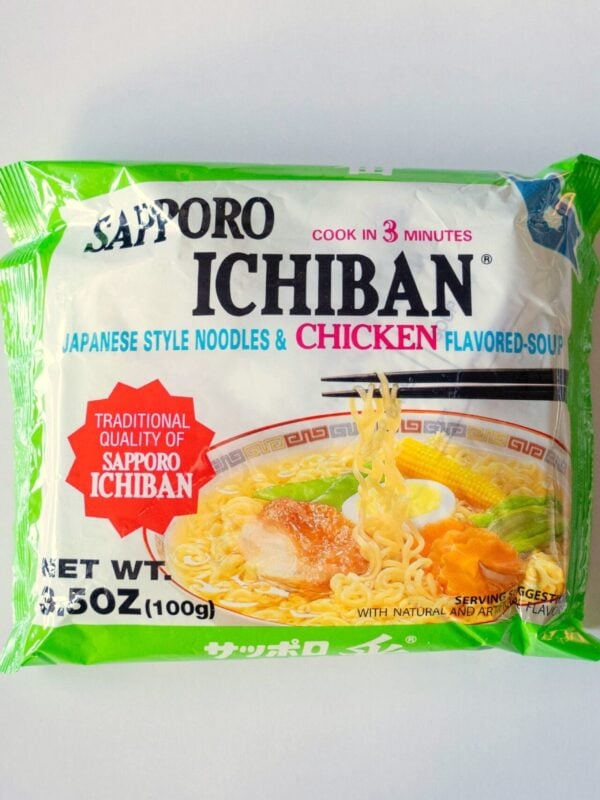 Package of Sapporo Ichiban Chicken Flavored Soup instant noodles on a white background