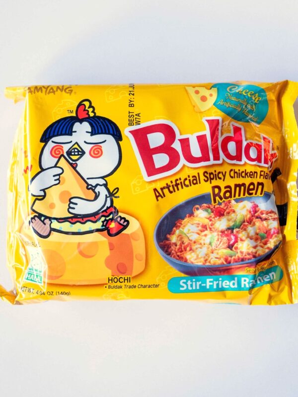 Samyang Buldak Cheese Spicy Chicken Stir-Fried Ramen package on a white background