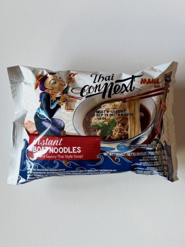 MAMA Thai ConNext Instant Boat Noodles pack on a white table.